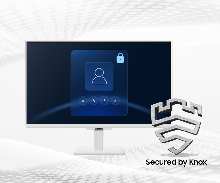 Monitor que muestra una pantalla de inicio de sesión con un icono de usuario y contraseña enmascarada. Logotipo de escudo metálico con texto: Secured by Knox.