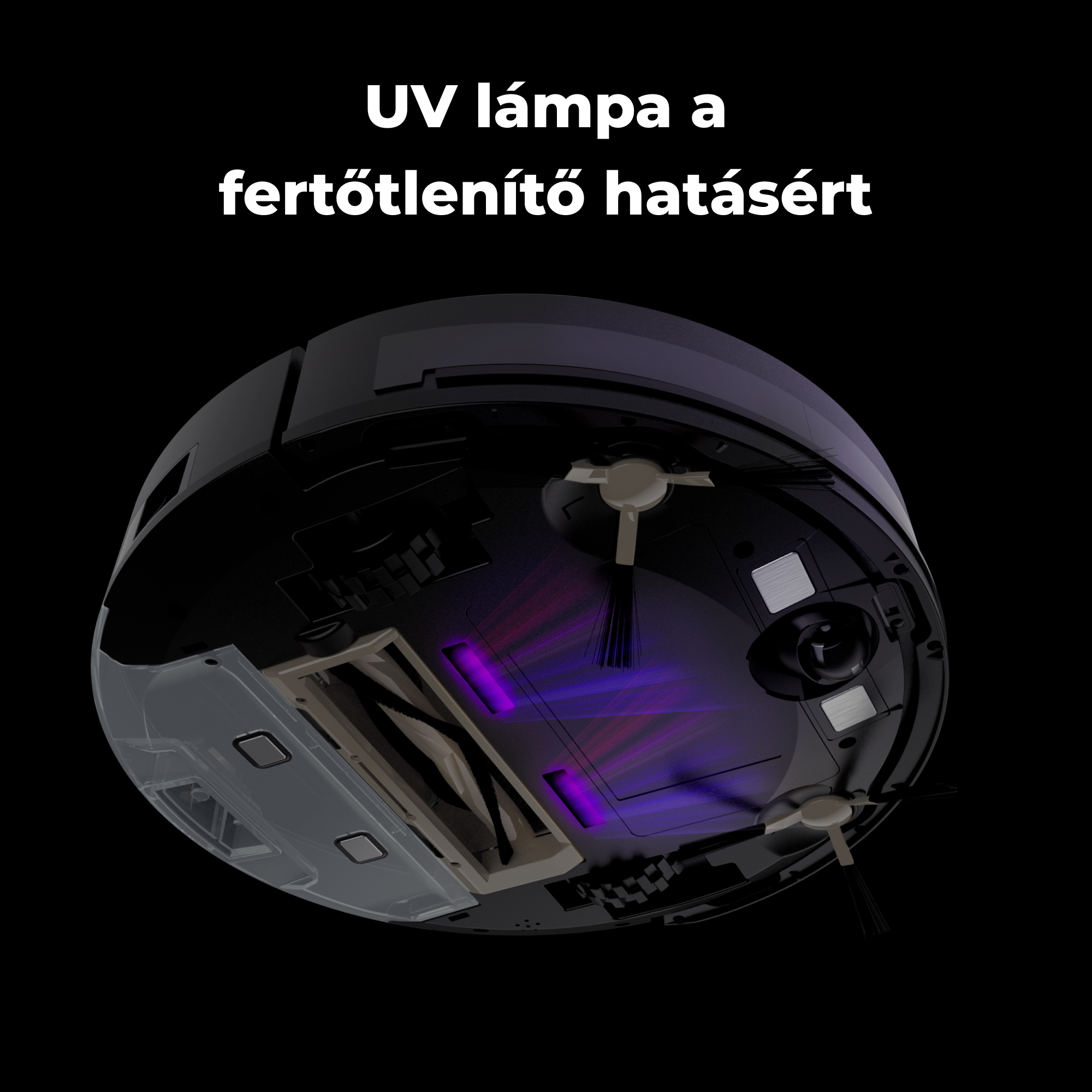 Robot porszívó UV-lámpával a fertőtlenítéshez. Fekete-szürke design, lila és rózsaszín UV fénnyel.