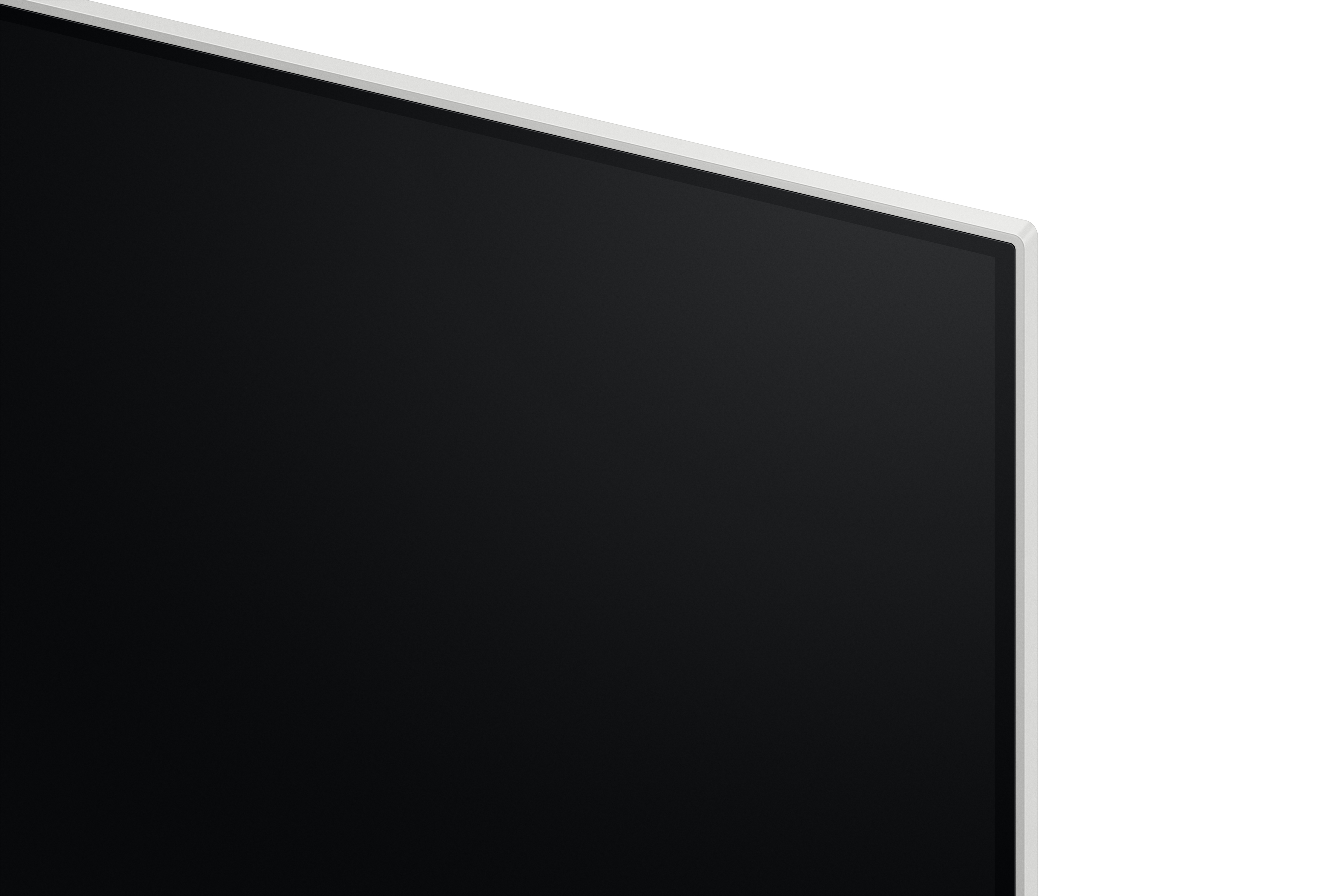 Primer plano de una pantalla negra con marco blanco sobre fondo blanco. La pantalla ocupa la mayor parte del espacio.