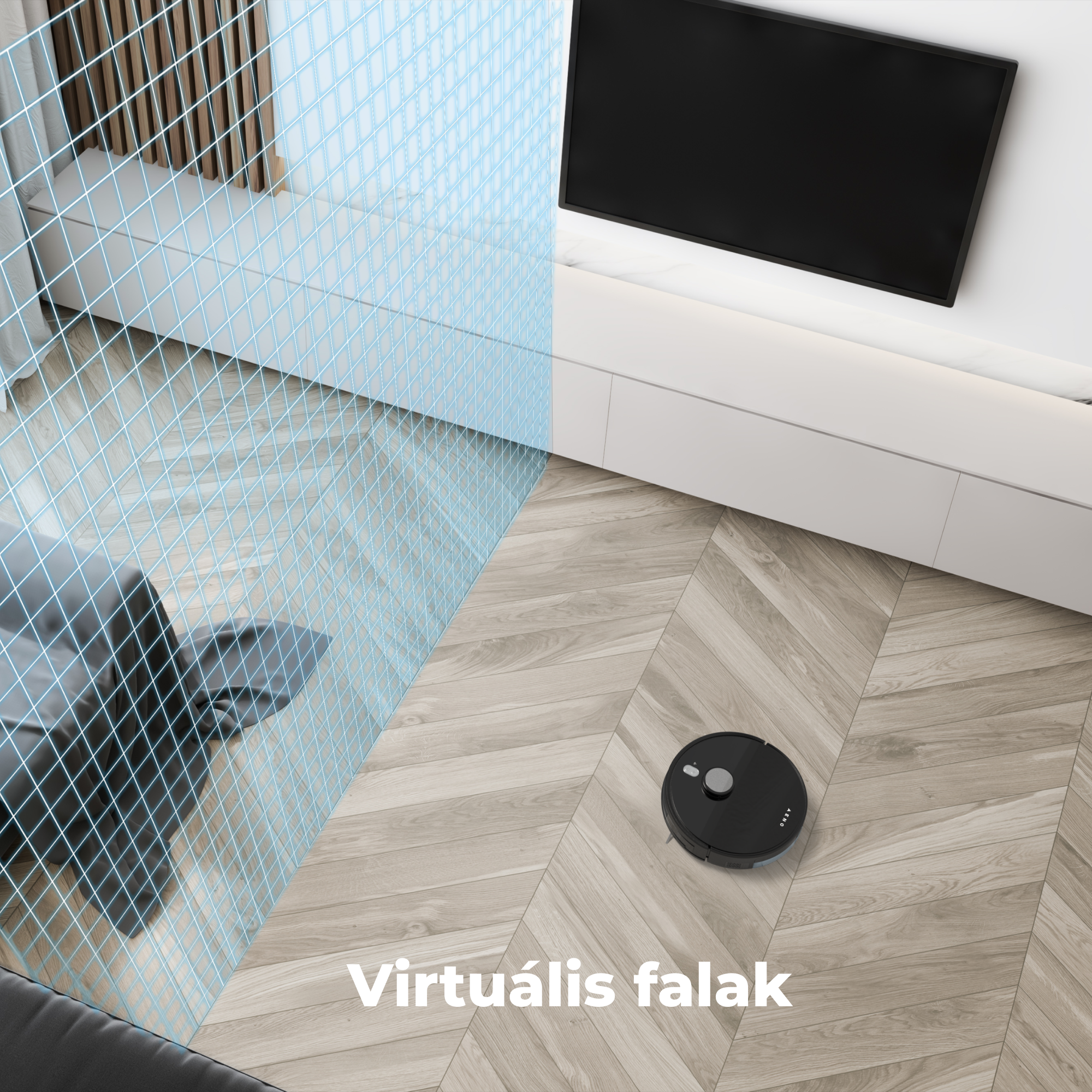 Egy fekete robotporszívó a fa padlón. Egy kék rács a szoba egy részén, a szöveg a következő: 'Virtuális falak'.
