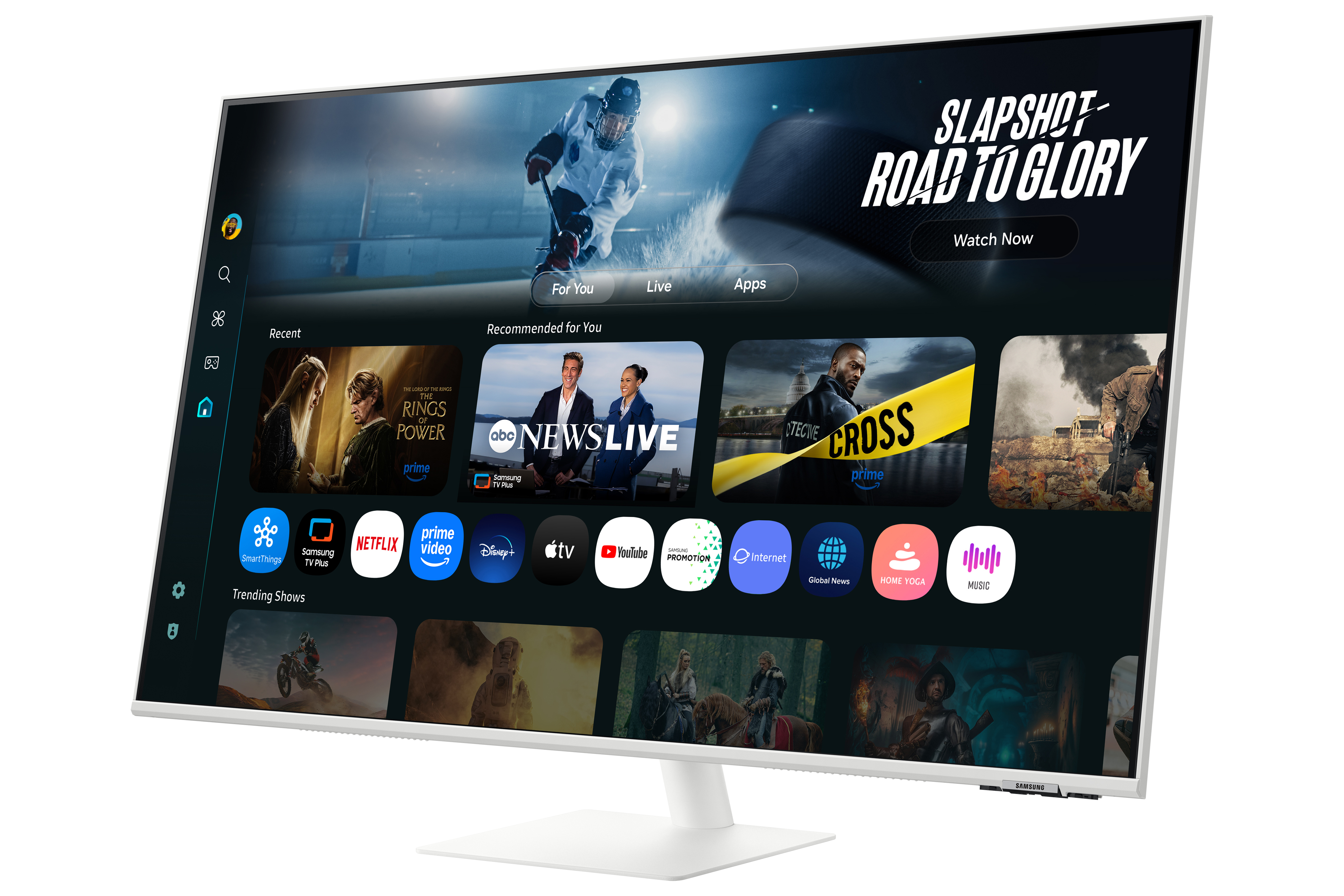 Un monitor blanco muestra una interfaz de TV con iconos de aplicaciones y un partido de hockey. La pantalla muestra varias aplicaciones y programas.
