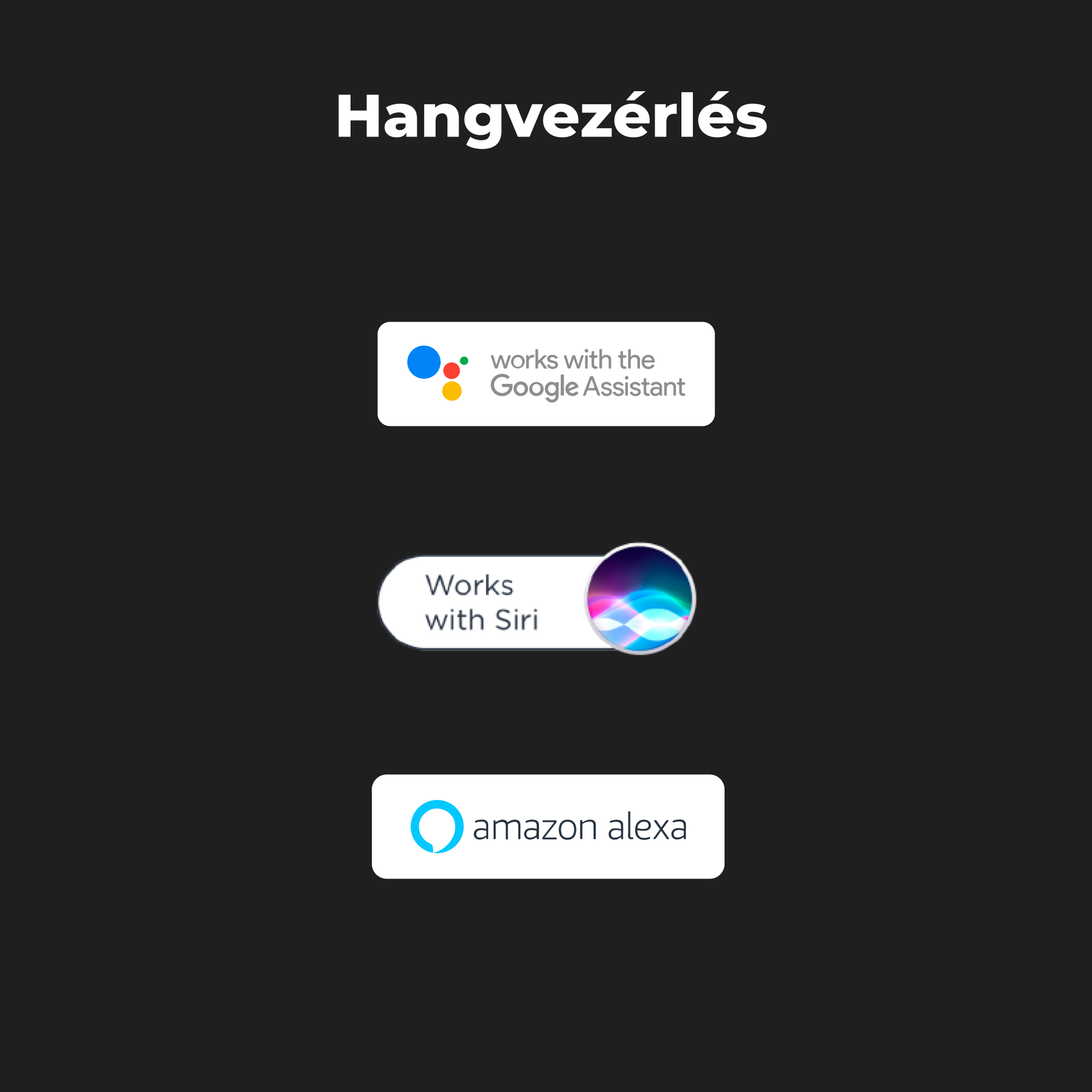 A képen a Google Assistant, a Siri és az Amazon Alexa hangvezérlési logói láthatók.