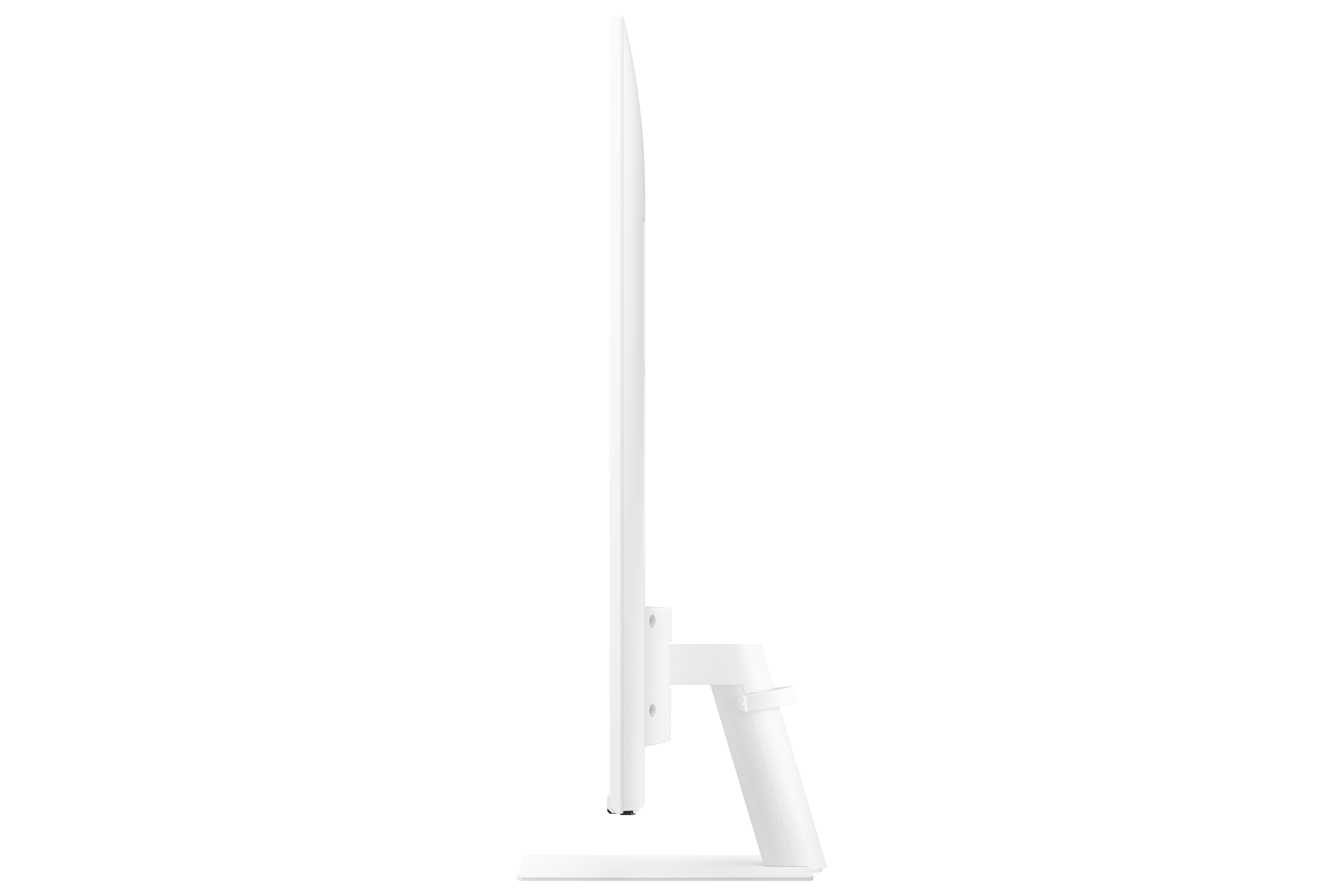 Monitor de computadora blanco, vista lateral. Tiene una pantalla delgada, un soporte blanco y una base blanca.