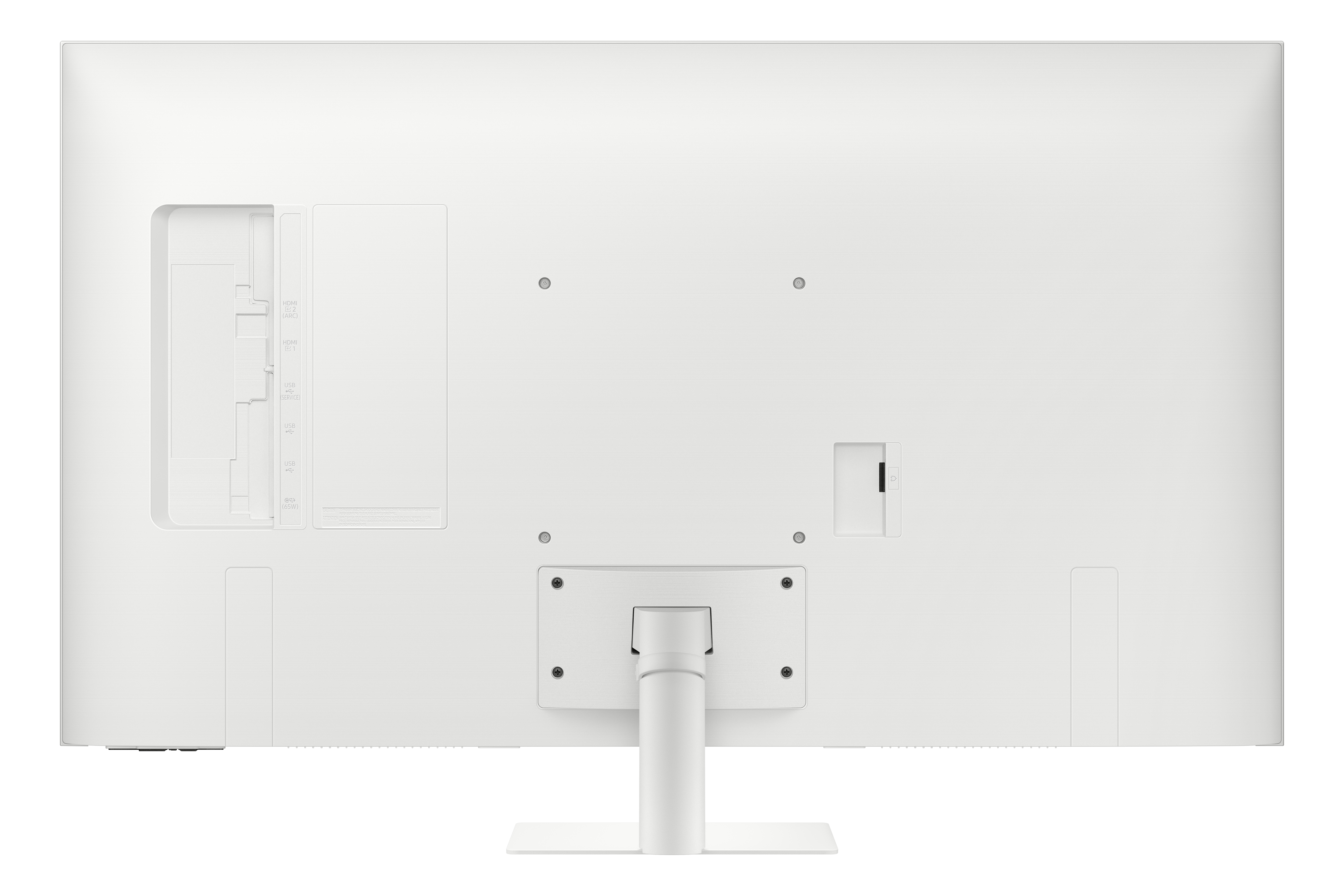 Parte posterior de un monitor blanco con puertos y soporte. Las etiquetas incluyen HDMI, USB y alimentación. La superficie tiene un acabado texturizado.