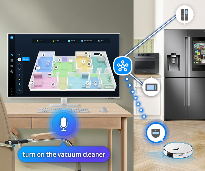 Una interfaz de hogar inteligente muestra un plano de la casa. Un comando de voz activa una aspiradora robótica. Se muestran otros electrodomésticos.