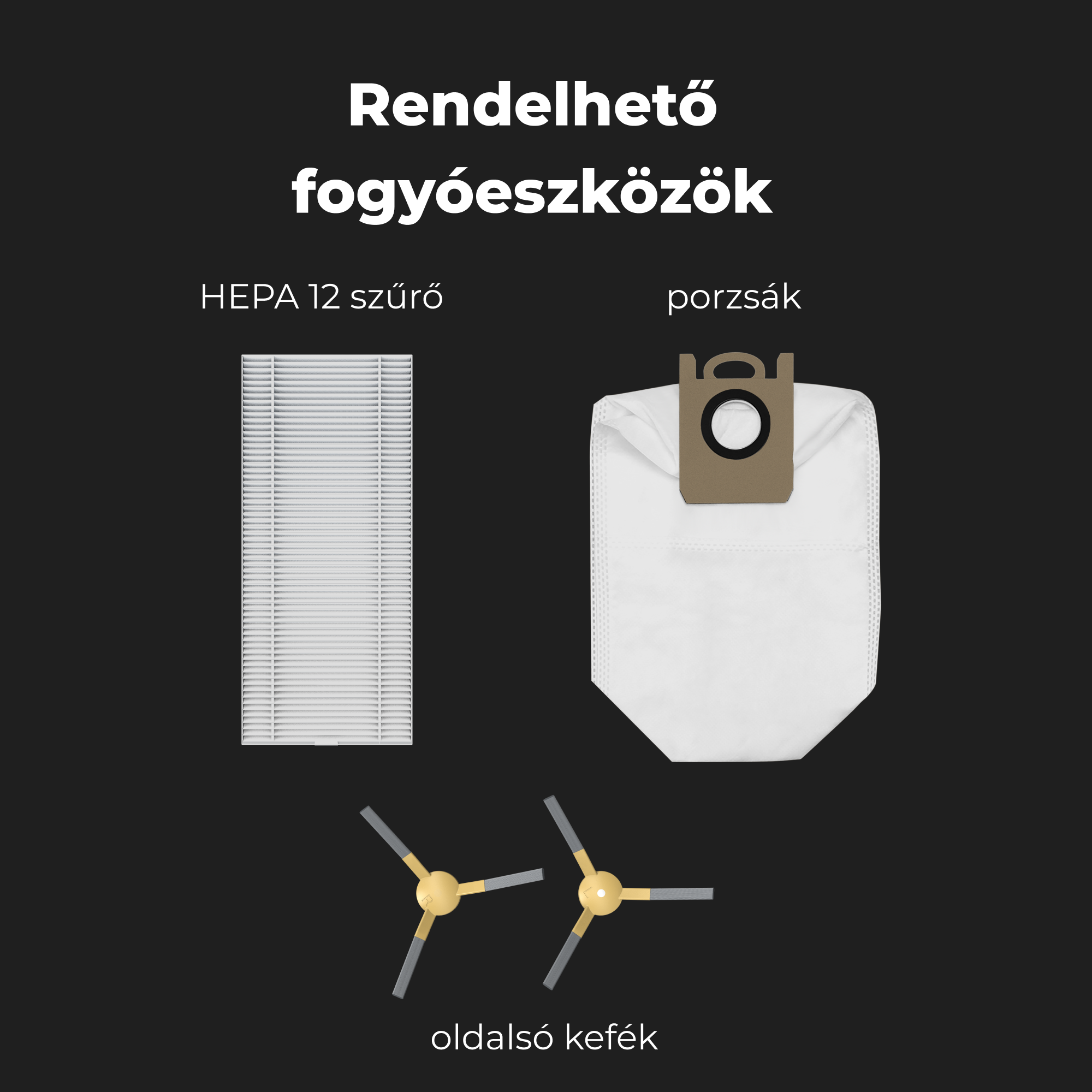 A képen porszívó tartozékok láthatók: HEPA szűrő, porzsák és oldalkefék, fekete háttérrel.