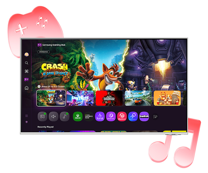 Una pantalla de TV muestra la interfaz Samsung Gaming Hub con miniaturas de juegos. Un controlador y notas musicales están en primer plano.