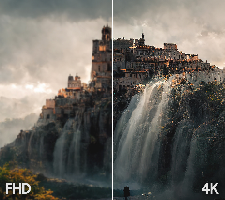 Una imagen dividida que muestra una versión FHD a la izquierda y una versión 4K a la derecha. Una cascada desciende, un pueblo se asienta en el acantilado.