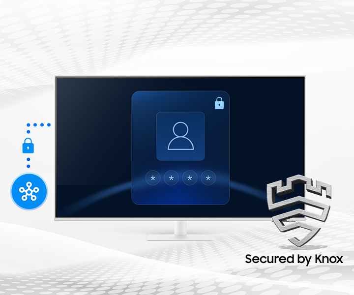 Un monitor muestra una pantalla de inicio de sesión con un icono de persona y asteriscos. También hay un candado y un escudo con 'Secured by Knox'.