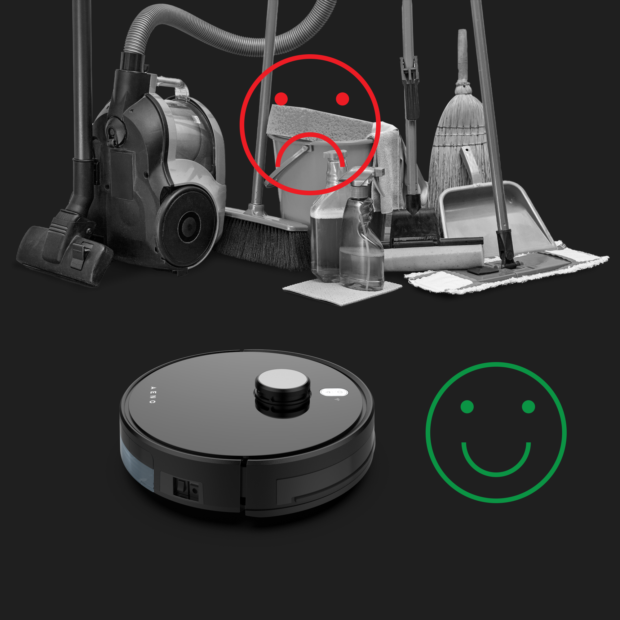 A képen tisztítóeszközök és egy robotporszívó látható. Szomorú arc az eszközök felett és boldog arc a robot mellett.