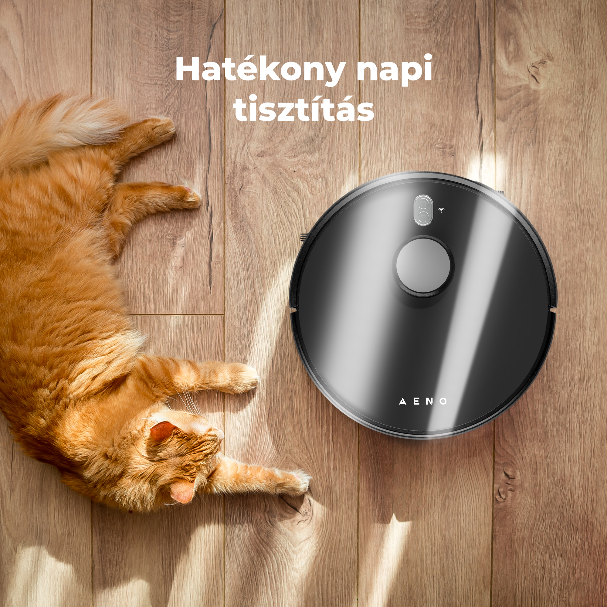Egy narancssárga macska fekszik egy fekete AENO robotporszívó mellett egy fa padlón. A tetején a 'Hatékony napi tisztítás' szöveg látható.