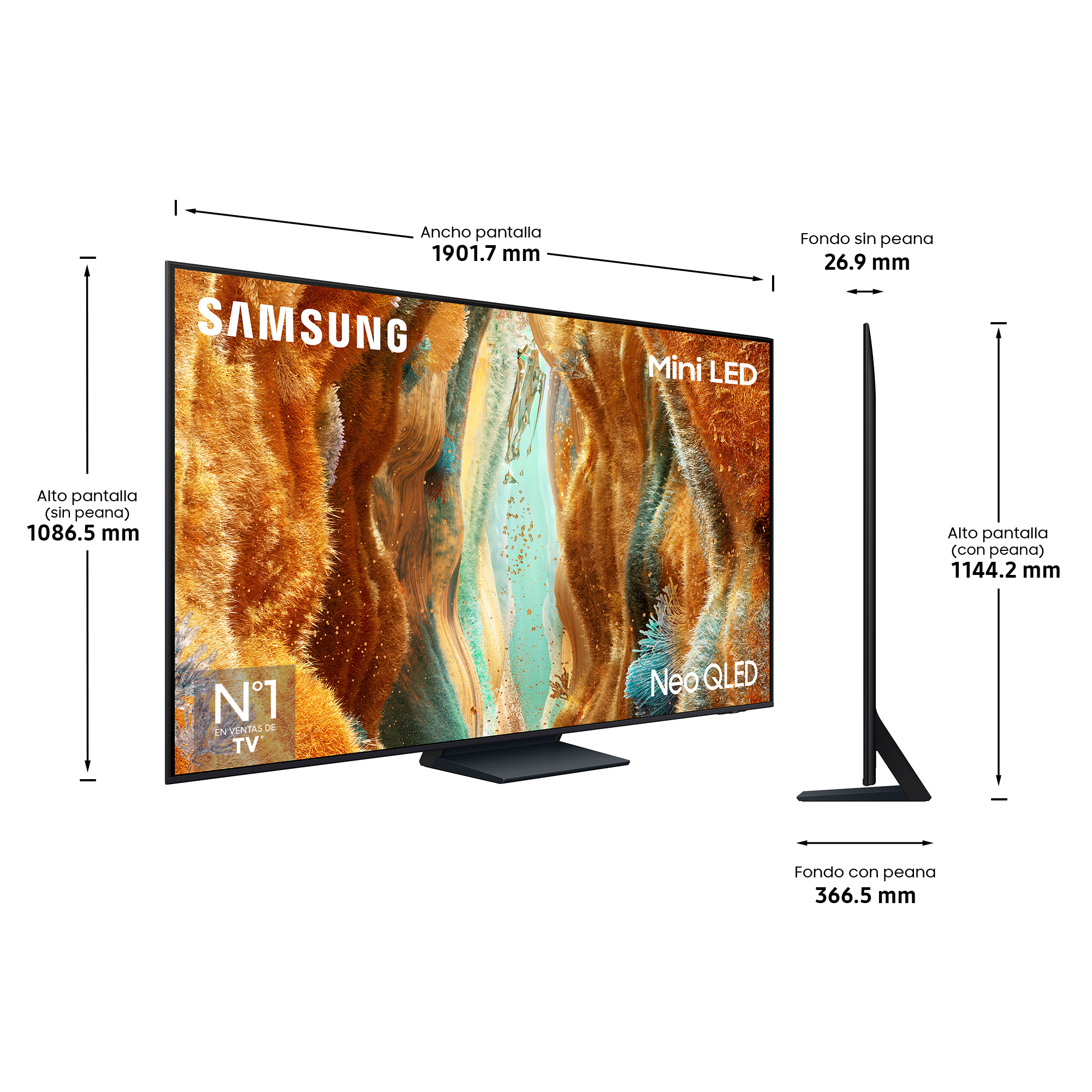 Un televisor Samsung Neo QLED. Muestra dimensiones y características. La pantalla muestra una escena de arte abstracto con etiquetas de texto.