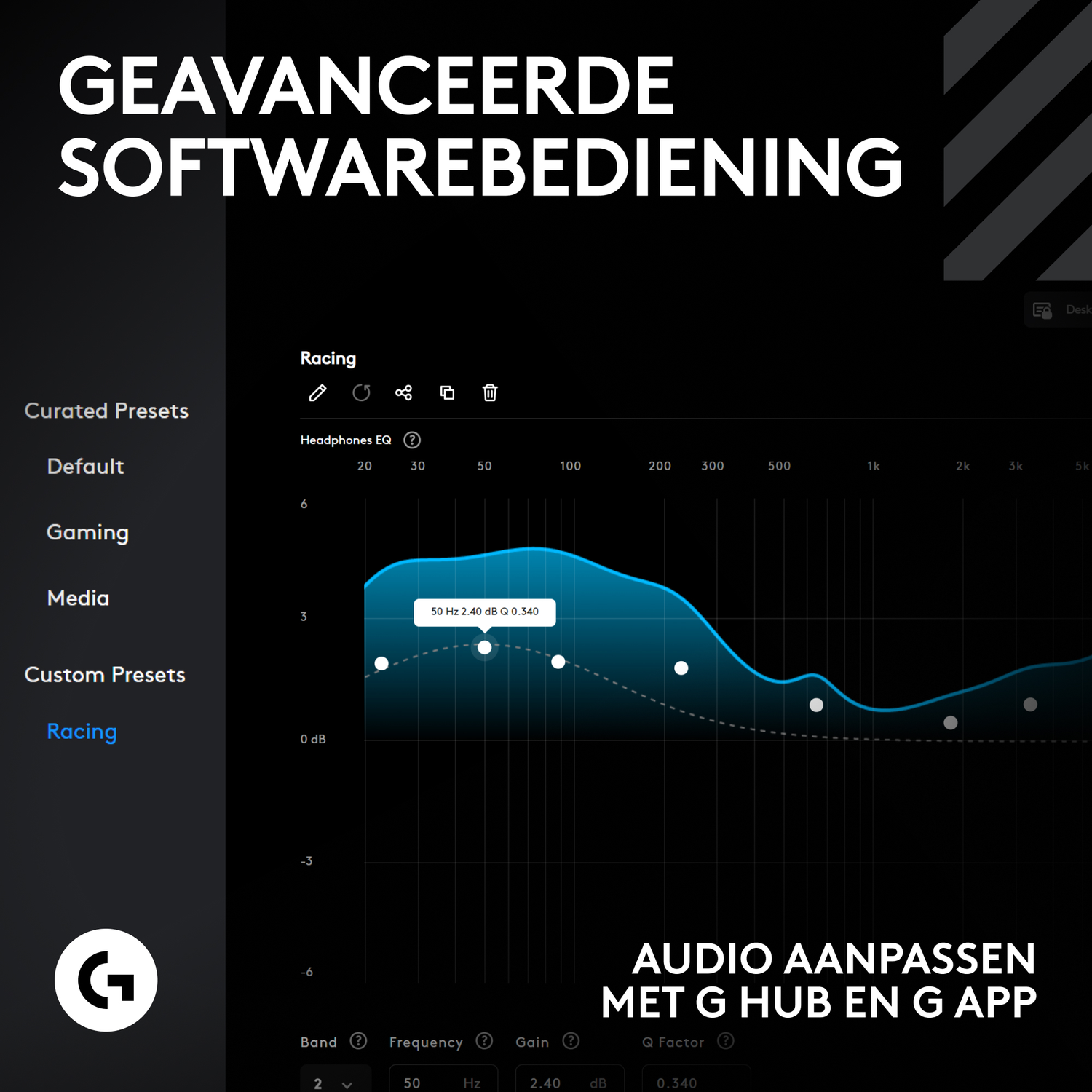 Zwarte interface met audio-instellingen. Blauwe EQ-curve. Tekst: AUDIO AANPASSEN MET G HUB EN G APP.