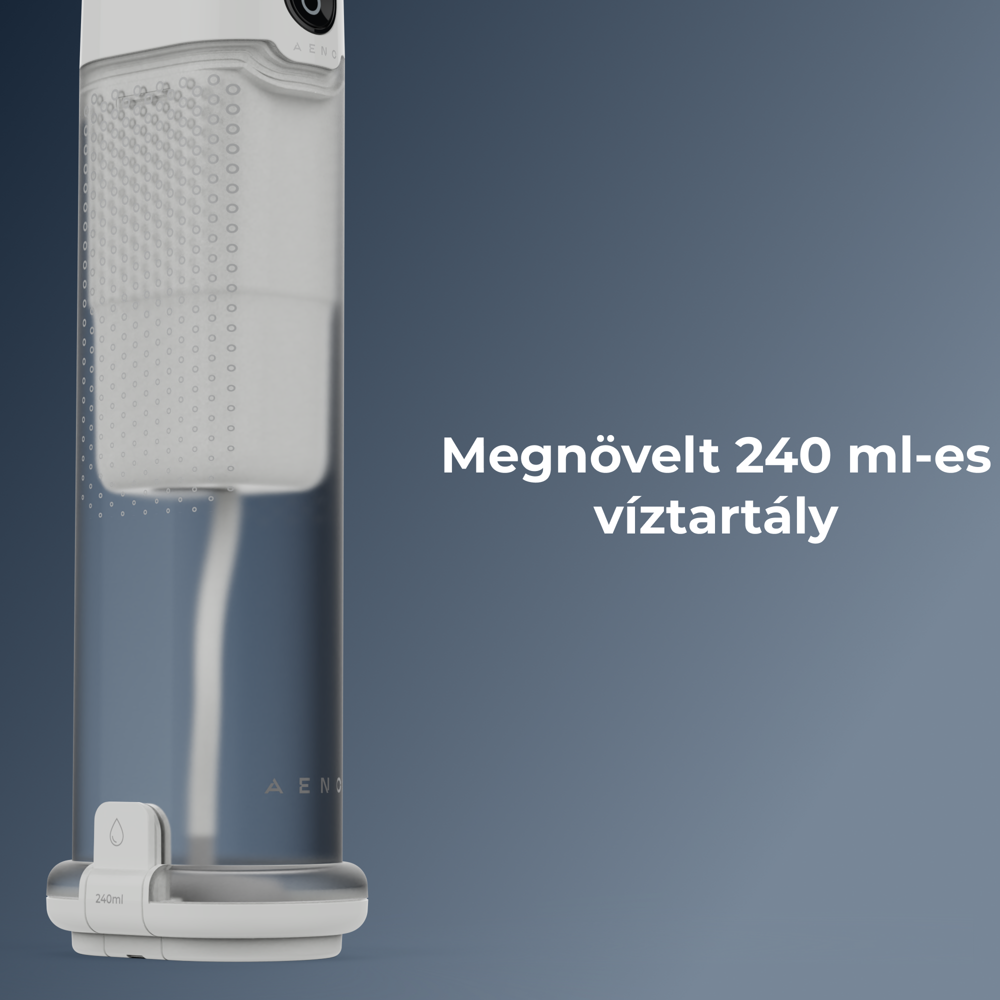 Egy fehér és átlátszó 240 ml-es víztartály látható kék háttér előtt. Magyar nyelvű felirat látható.