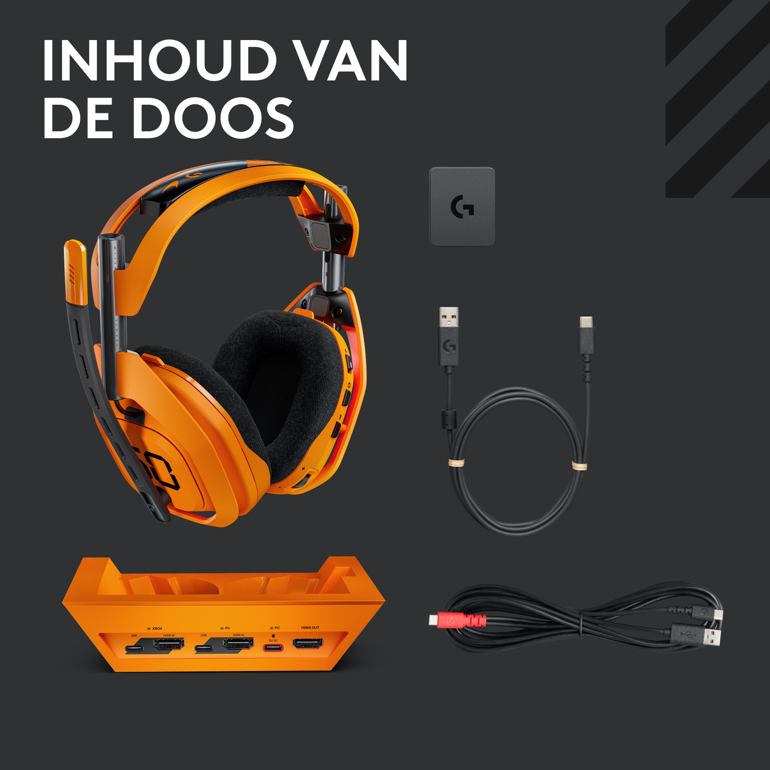 Een oranje gamingheadset, basis, kabels en een kleine ontvanger worden weergegeven tegen een donkergrijze achtergrond.