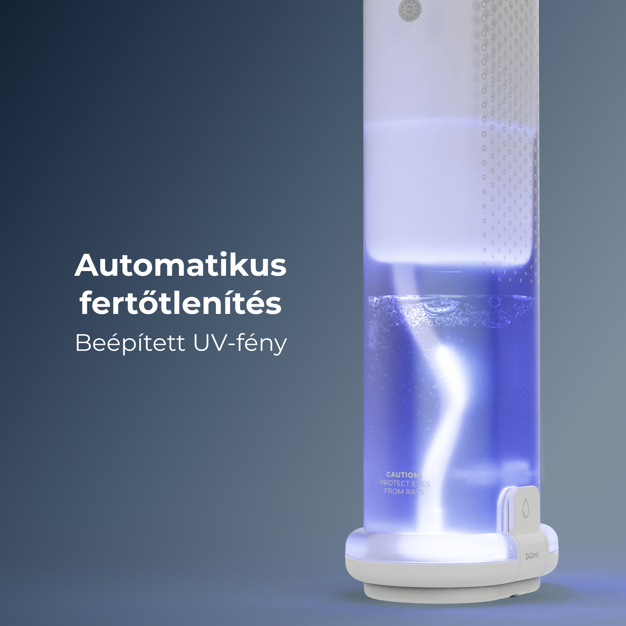 Egy fehér és átlátszó készülék kék folyadékkal, magyar felirattal. UV-C fénnyel rendelkezik.