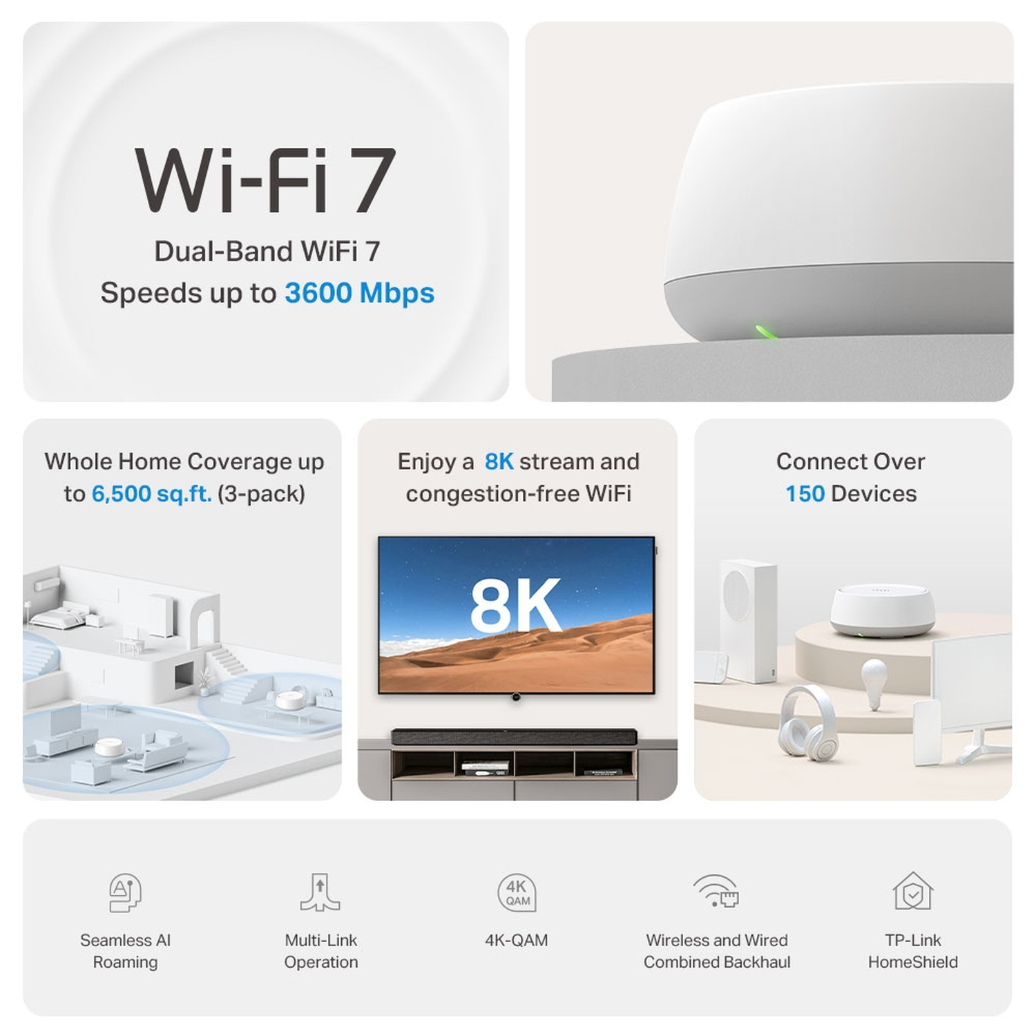 Promotional image for Wi-Fi 7. Shows a router, TV, and other devices. Text highlights features such as speed, coverage, and device capacity.