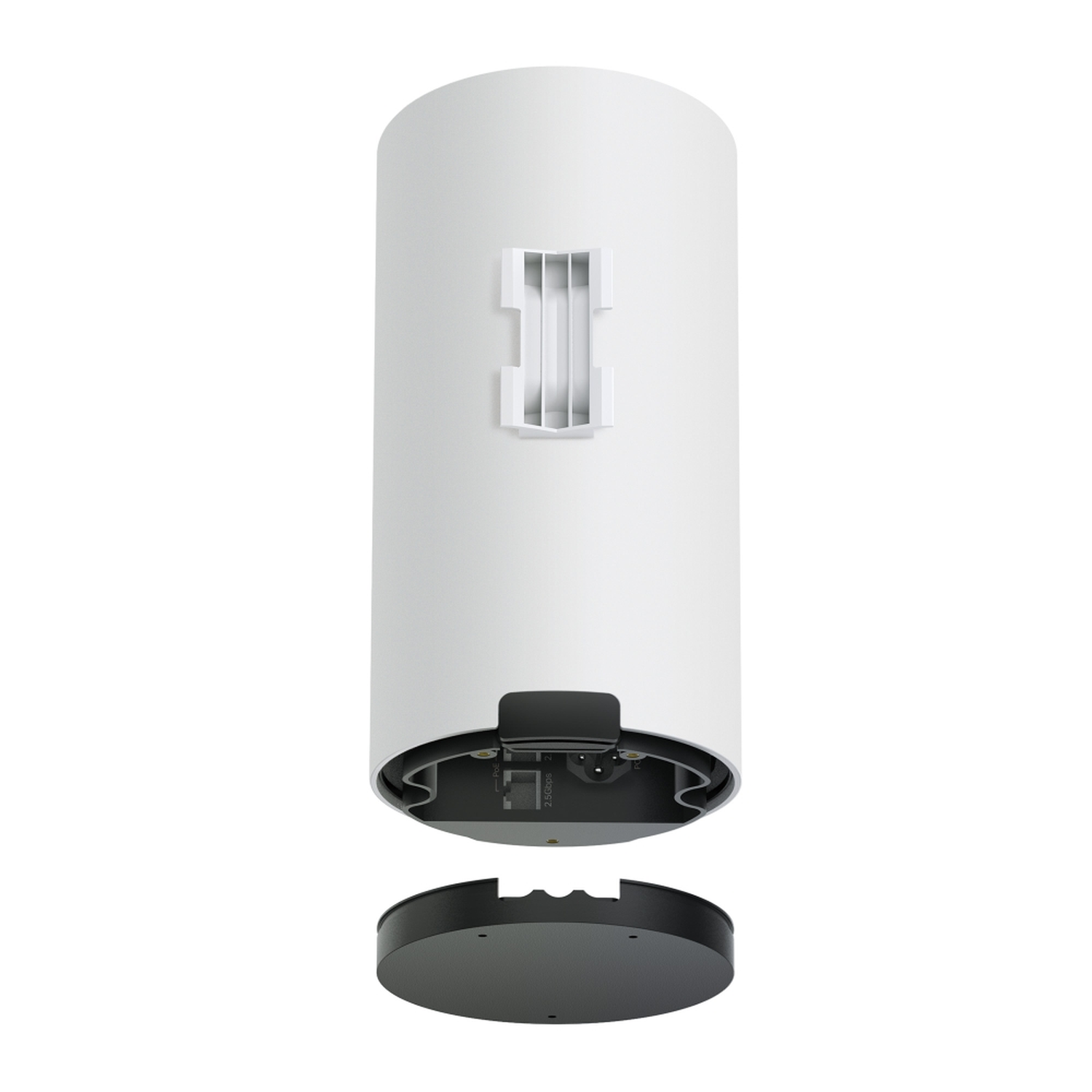 A white cylindrical device with a detachable black base. It has a white component and a black component below.