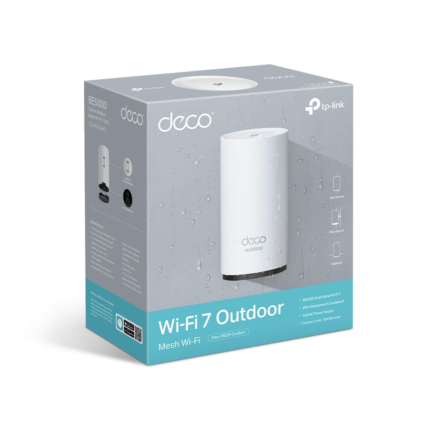 A white TP-Link Deco Wi-Fi 7 Outdoor unit box. Features include waterproof, dustproof, and PoE/AC power supply. Connects over 150 devices.