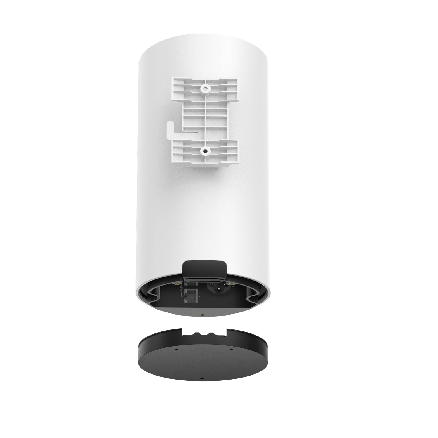 White cylindrical device with a detached black base. The top has a white bracket. The base shows internal components.