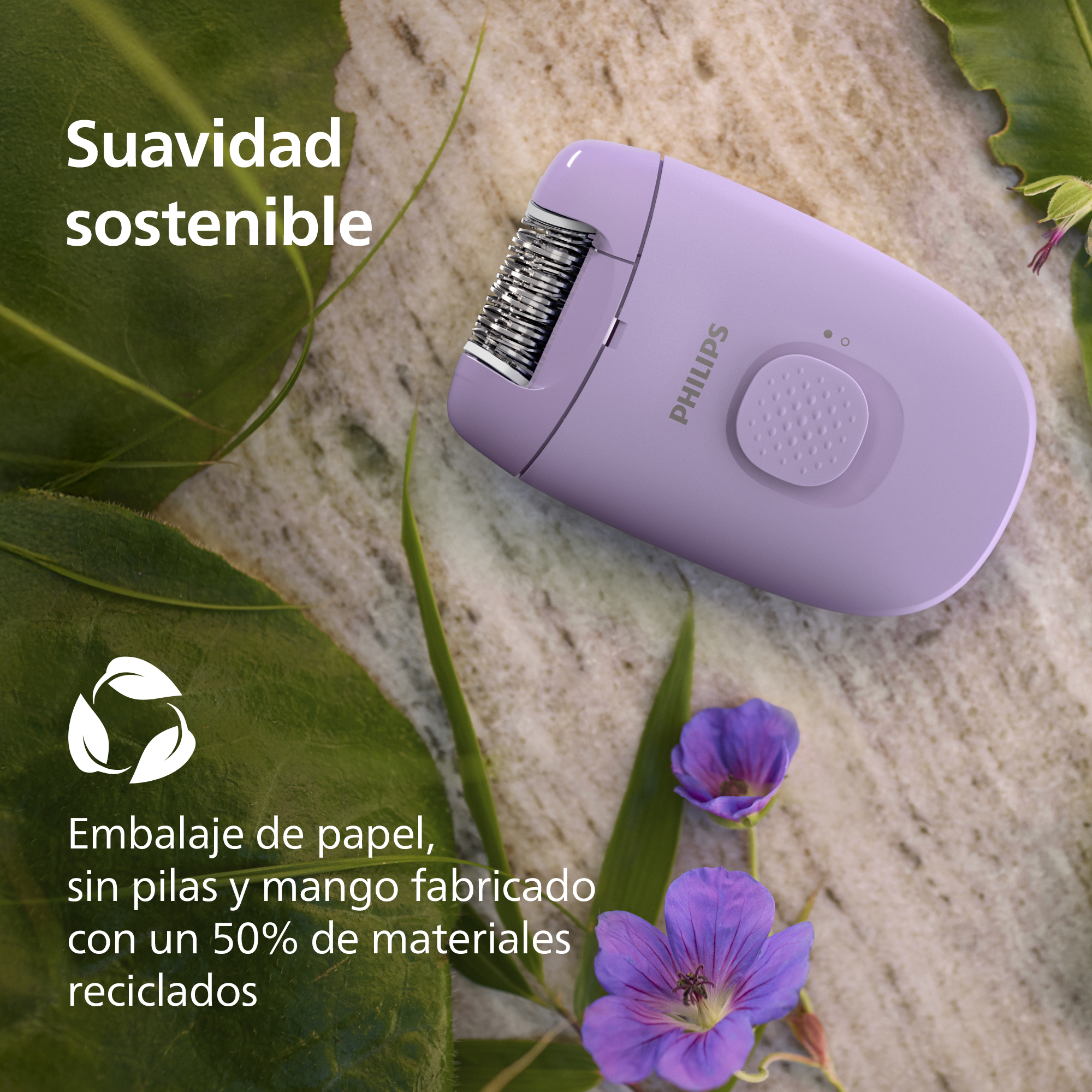 Suavidad sostenible. Embalaje de papel, sin pilas y mango fabricado con un 50% de materiales reciclados.