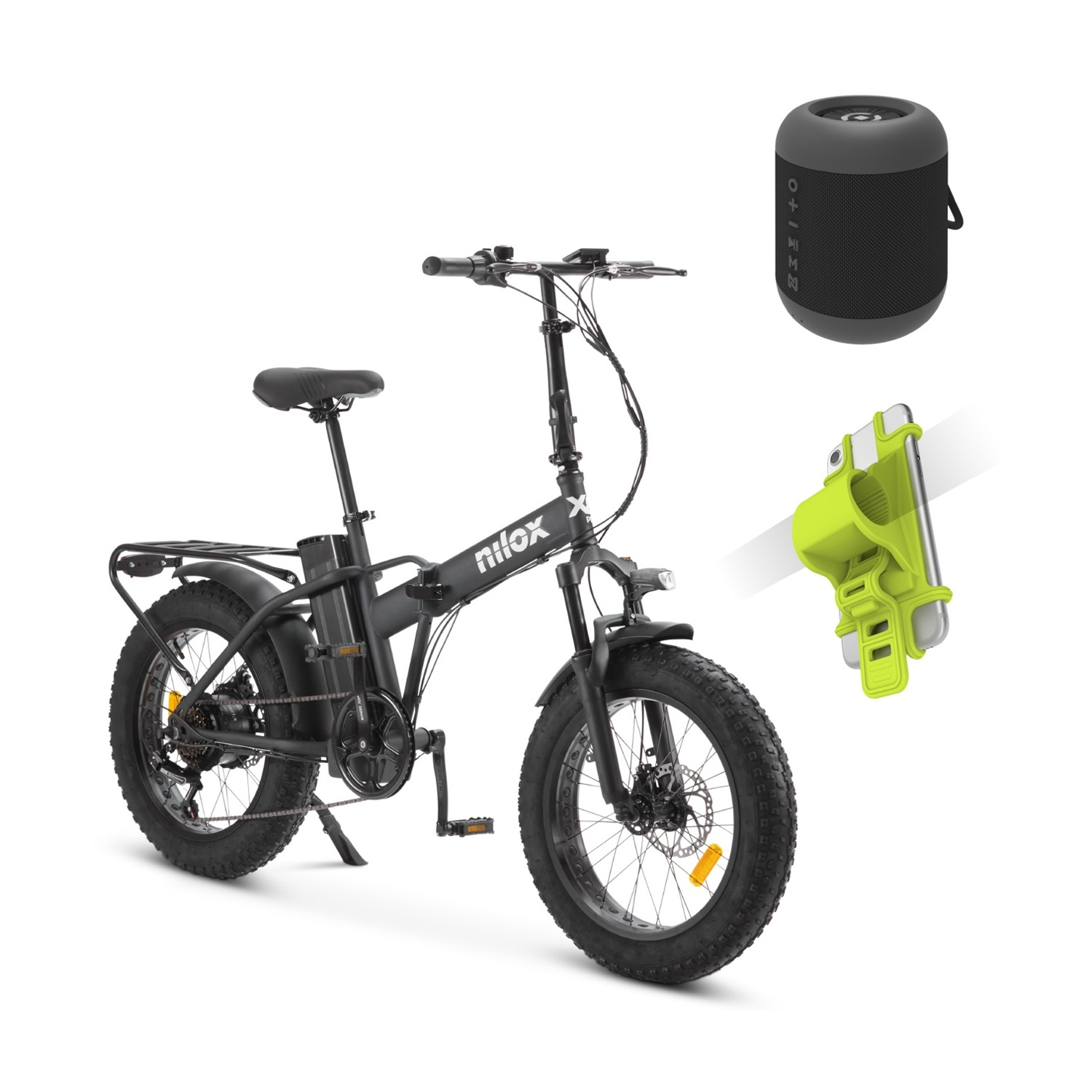 E-bike Nilox X nera con accessori: altoparlante, supporto telefono. Sfondo bianco.