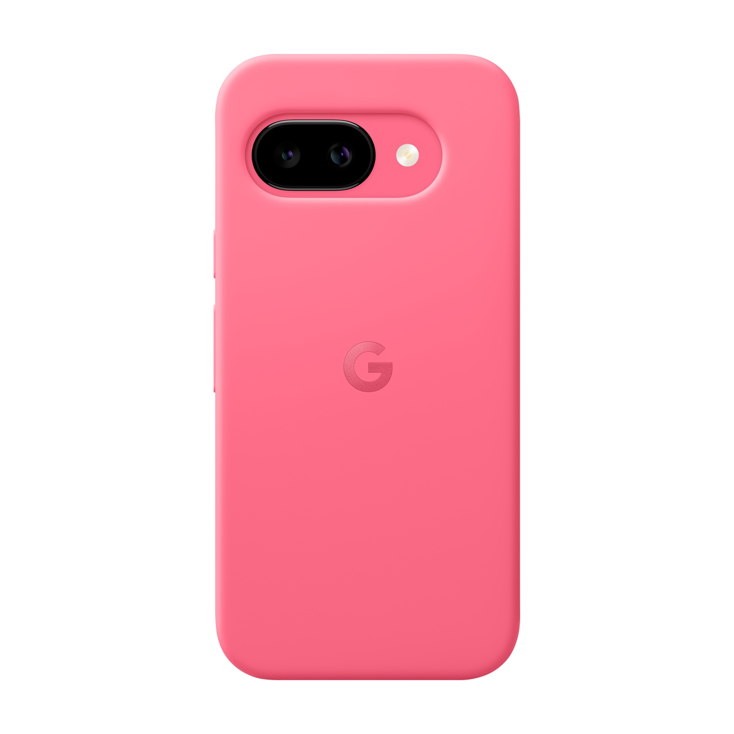Una custodia rosa per telefono con logo Google. Presenta un ritaglio per la fotocamera e un pulsante rialzato. Lo sfondo è bianco.