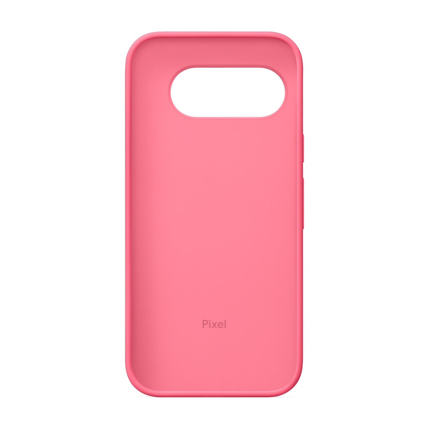 Una custodia rosa per telefono Pixel. Ha un ritaglio ovale per la fotocamera e un pulsante laterale. La parola "Pixel" è stampata.