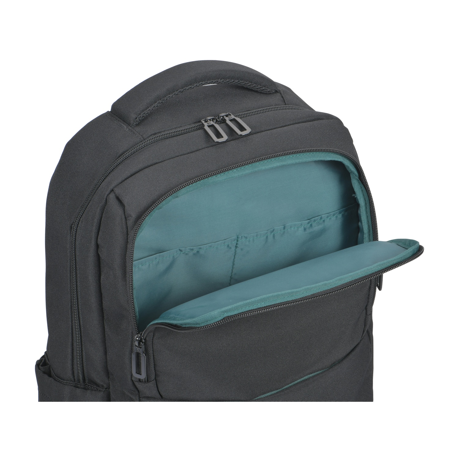 Uno zaino nero con una tasca frontale aperta che rivela un interno color teal. Lo zaino ha una maniglia e due cerniere.