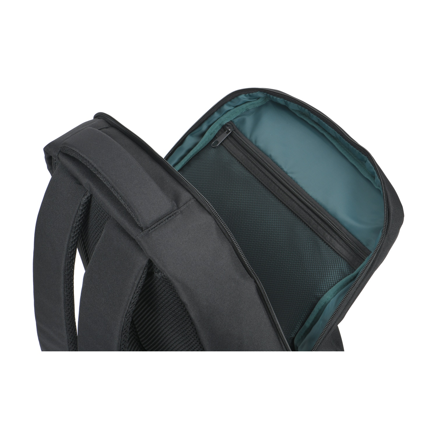 Uno zaino nero aperto con tasche interne visibili. L'interno è verde acqua e l'esterno è nero. Lo sfondo è bianco.