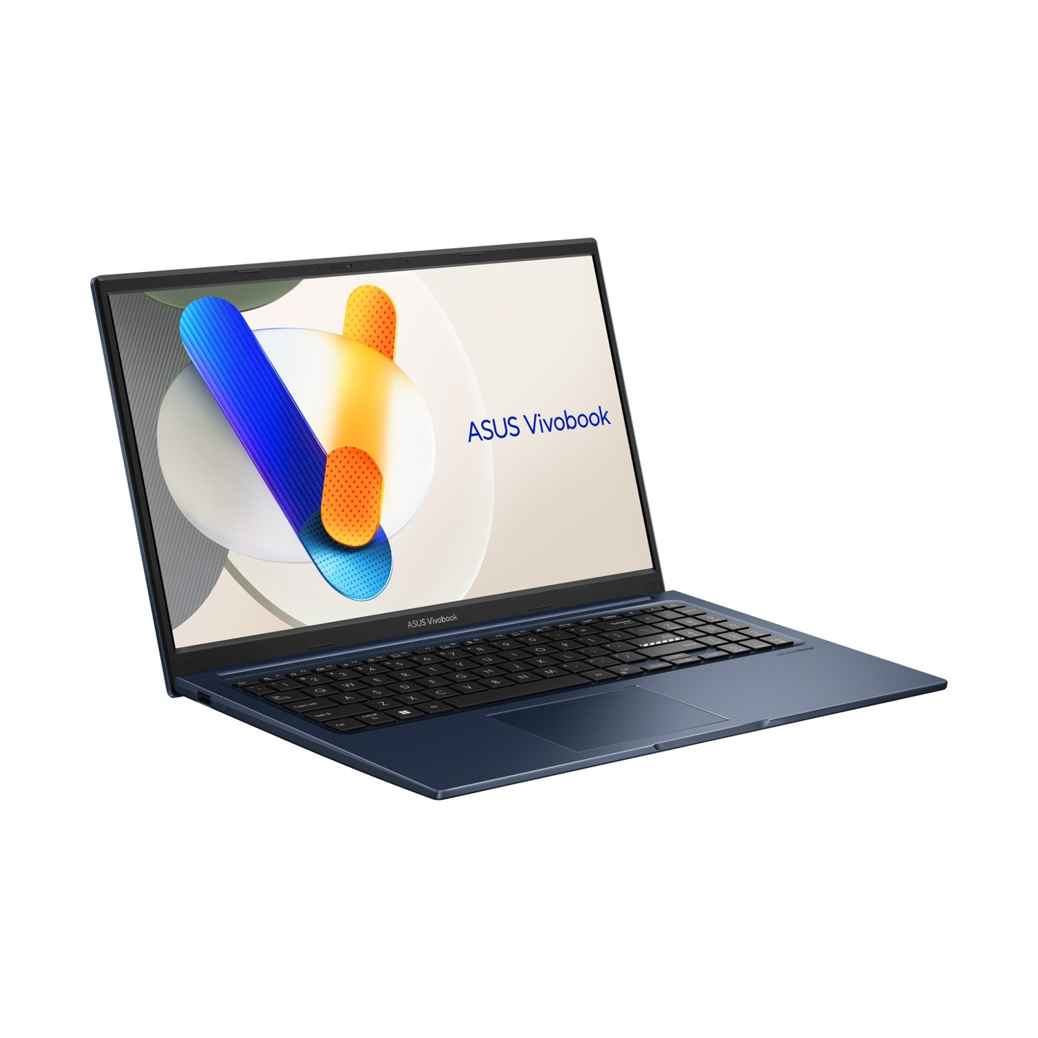 Un laptop ASUS Vivobook blu, aperto e angolato. Lo schermo mostra forme astratte. La tastiera e il touchpad sono visibili. Sfondo bianco.
