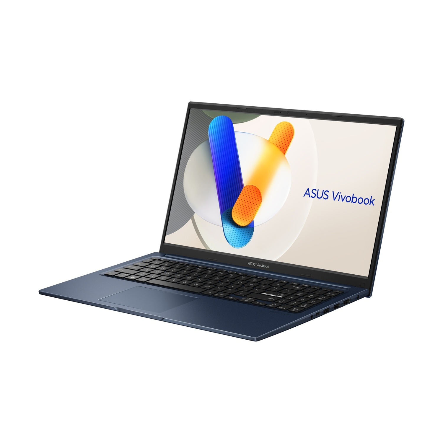 Un laptop ASUS Vivobook blu è mostrato su sfondo bianco. Lo schermo mostra forme astratte. Tastiera, touchpad e porte visibili.