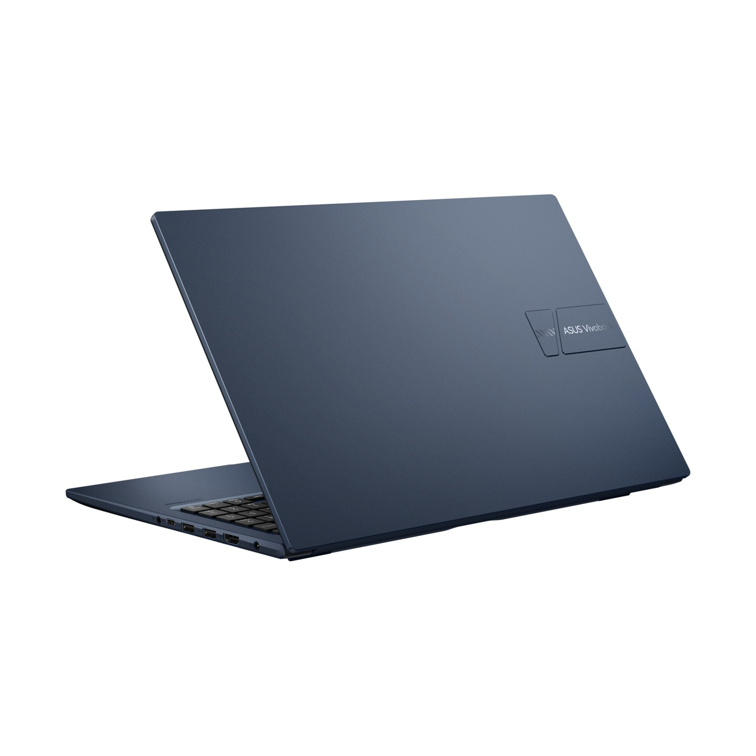 Un laptop ASUS Vivobook blu, leggermente aperto, visto da dietro. Tastiera visibile. Sfondo bianco.