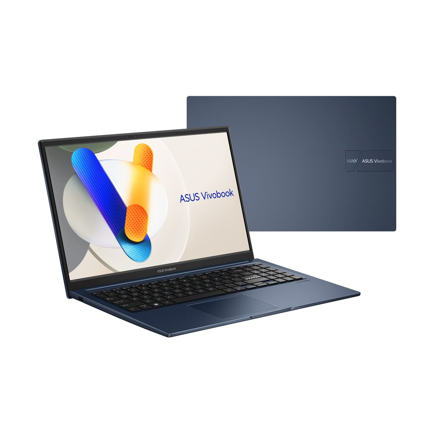 Un laptop ASUS Vivobook blu è mostrato aperto, con il coperchio posteriore mostrato separatamente. Lo schermo mostra forme astratte. Tastiera visibile.