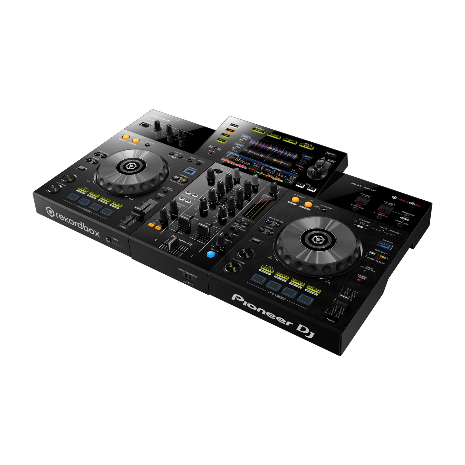 Un controller Pioneer DJ XDJ-RR nero. Dispone di due jog wheel, una sezione mixer centrale e uno schermo.