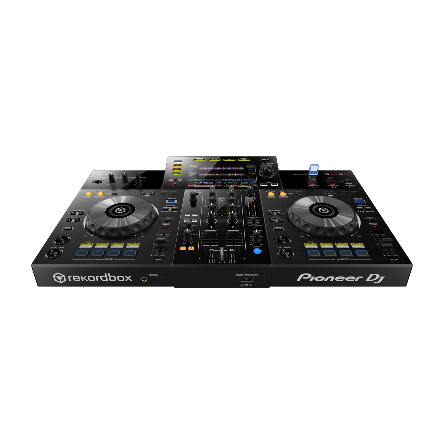 Un controller DJ Pioneer nero con jog wheel, una sezione mixer centrale e uno schermo che mostra informazioni musicali.