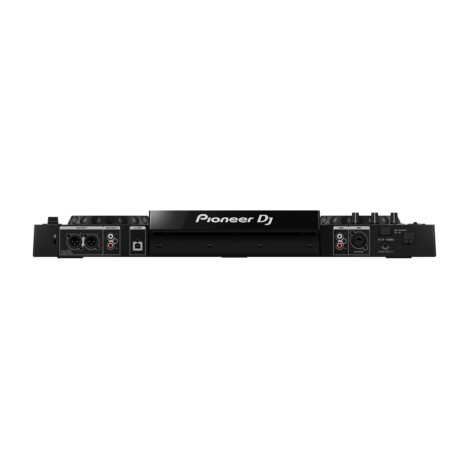 Un mixer Pioneer DJ nero. Dispone di varie porte di ingresso/uscita, tra cui XLR, RCA e USB. Il logo è centrato nella parte superiore.