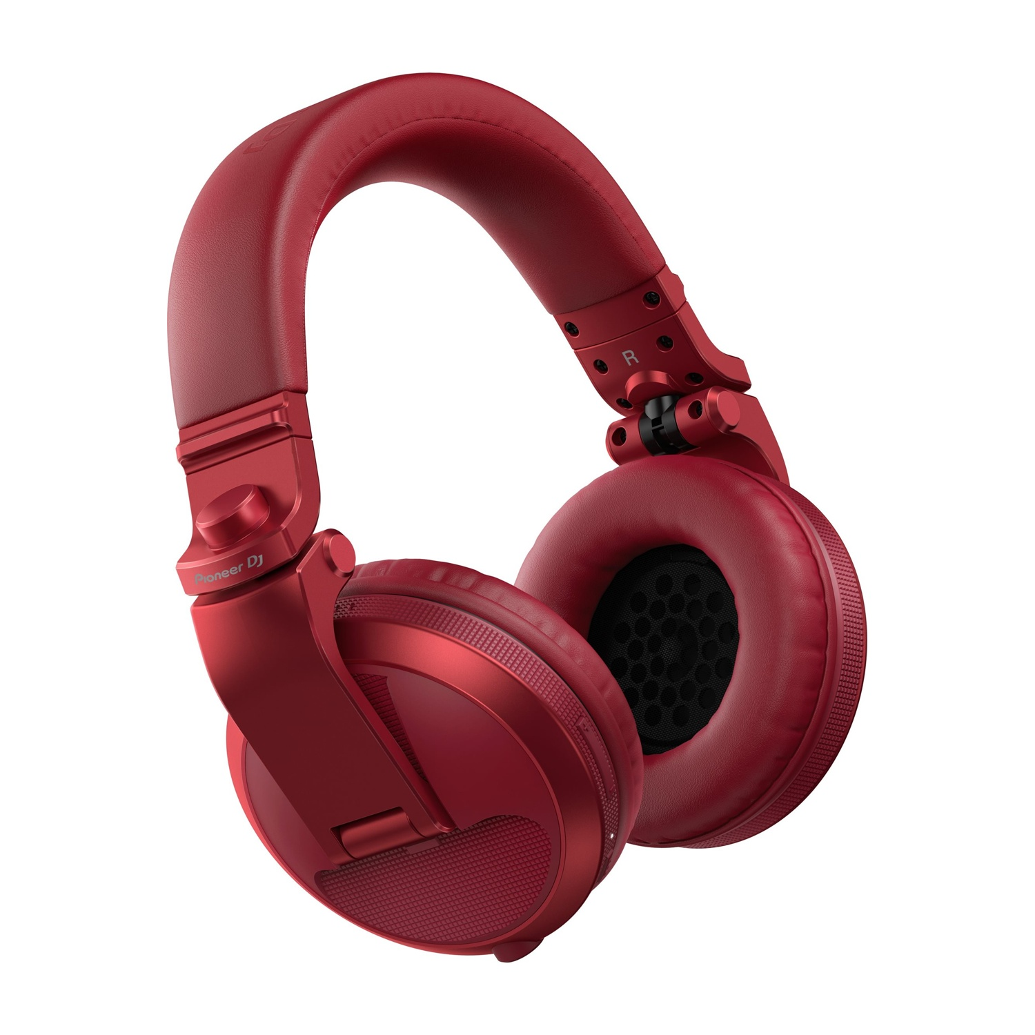 Cuffie rosse con fascia imbottita e padiglioni. I padiglioni sono rotondi con rete nera. Il marchio Pioneer DJ è visibile.