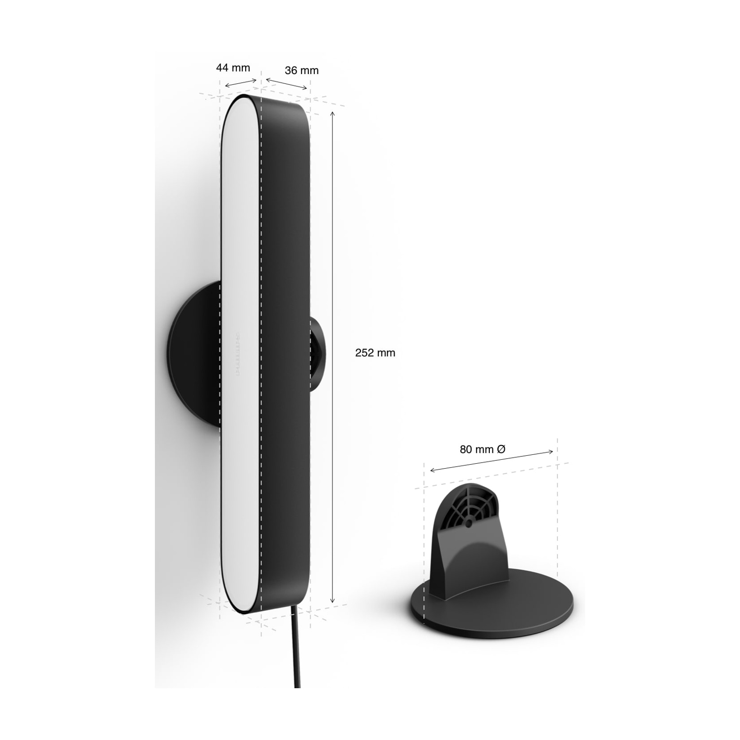 Una lampada da parete in bianco e nero con dimensioni. Viene mostrata una base separata. La lampada ha una striscia luminosa bianca e un corpo nero.