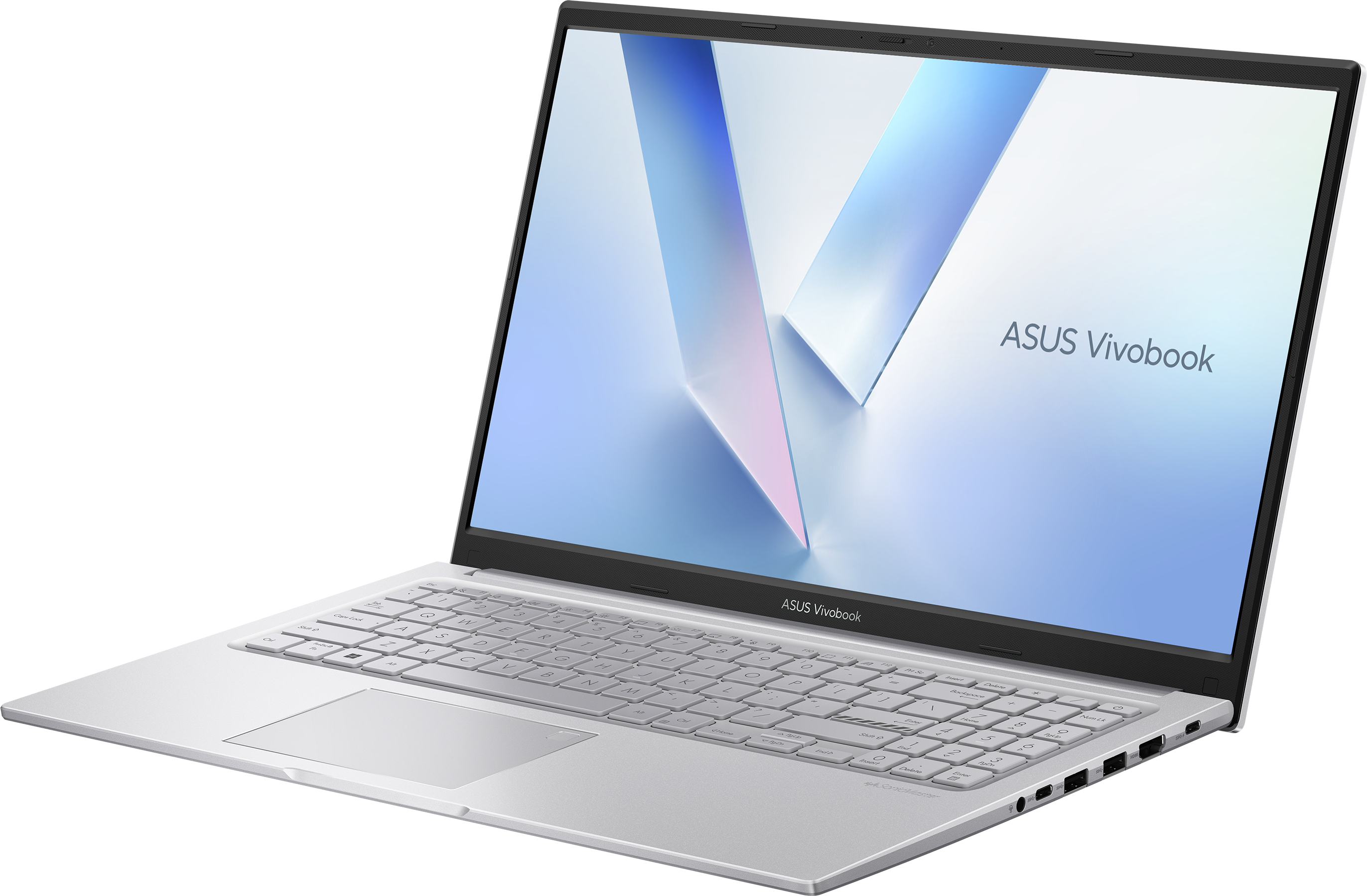 Egy ezüst ASUS Vivobook laptop fekete háttér előtt nyitva. A képernyő világoskék és fehér dizájnt mutat.
