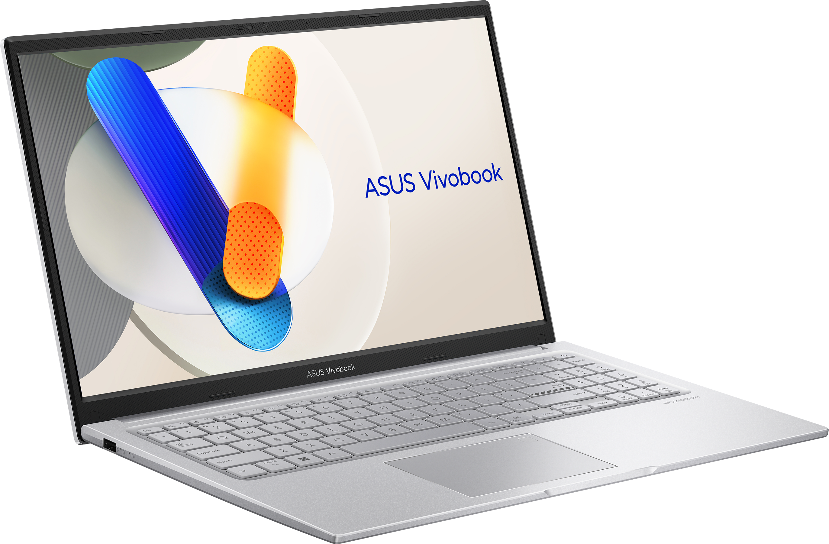 Egy ezüst ASUS Vivobook laptop nyitva. A képernyő absztrakt formákat mutat, a márkanévvel.