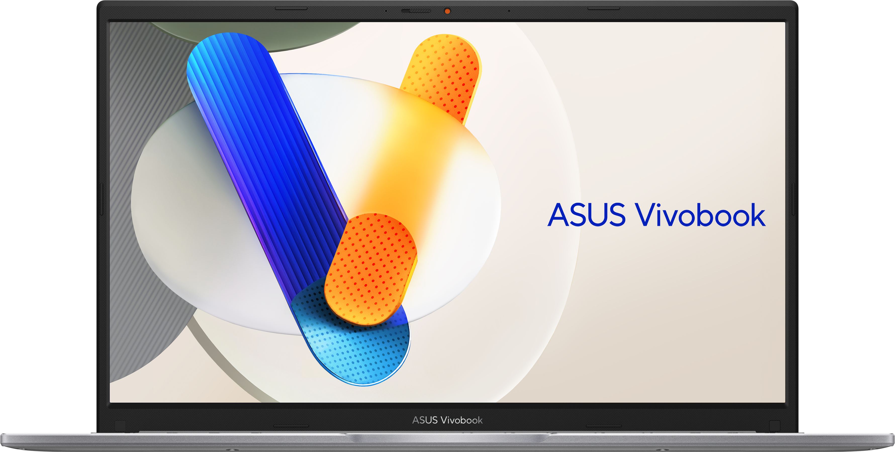 Egy ASUS Vivobook laptop nyitva van. A képernyőn narancs, kék és fehér absztrakt formák láthatók. A márkanév kékkel van írva.