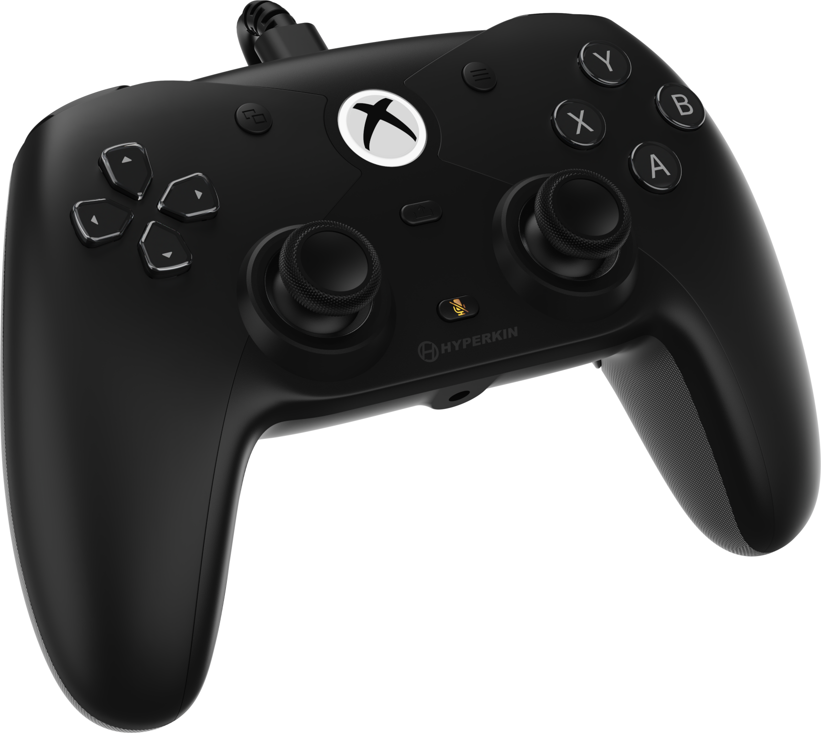 Egy fekete Xbox kontroller gombokkal, joystickekkel és vezetékes kapcsolattal. Xbox logó és Hyperkin márka.