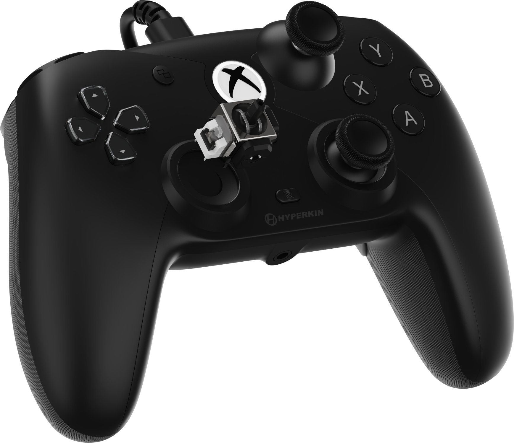 Fekete Xbox kontroller, részben szétszerelve, belső alkatrészek láthatók. Gombok, joystickek és Xbox logó. Vezetékes csatlakozás.