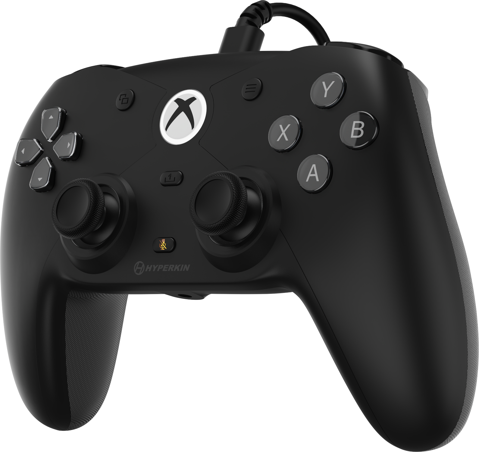 Fekete Xbox kontroller gombokkal, karokkal és kábellel. A középen az Xbox logója van. Hyperkin felirat.