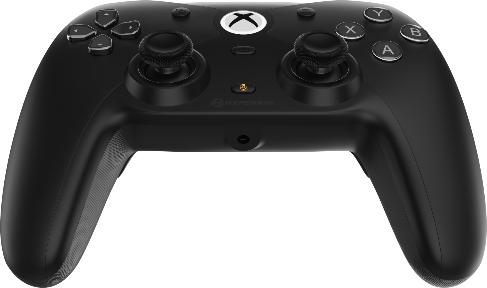 Fekete Xbox-kontroller gombokkal, joystickekkel és D-pad-del. Látható a Hyperkin logója.