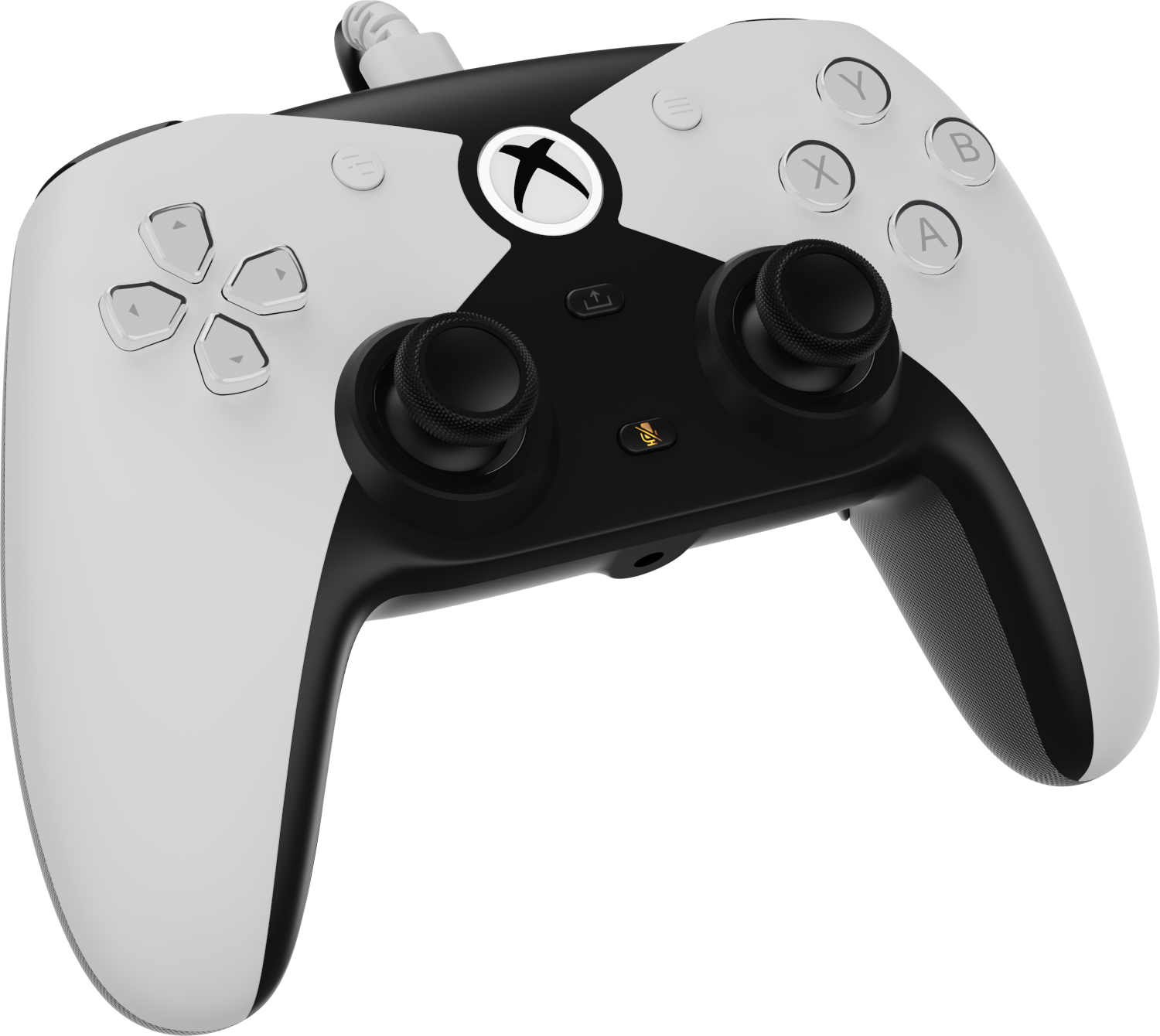 Fehér-fekete Xbox kontroller gombokkal és joystickekkel. Xbox logó középen. Kábelcsatlakozás felül látható.