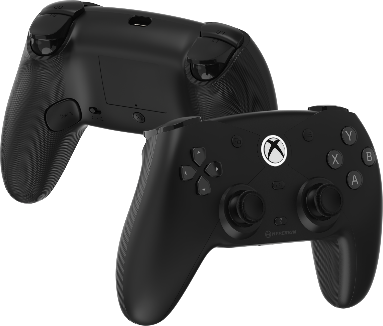 Két fekete Xbox-kontroller látható. Az egyik a másik mögött helyezkedik el, bemutatva a gombokat és az ikonikus Xbox logót.