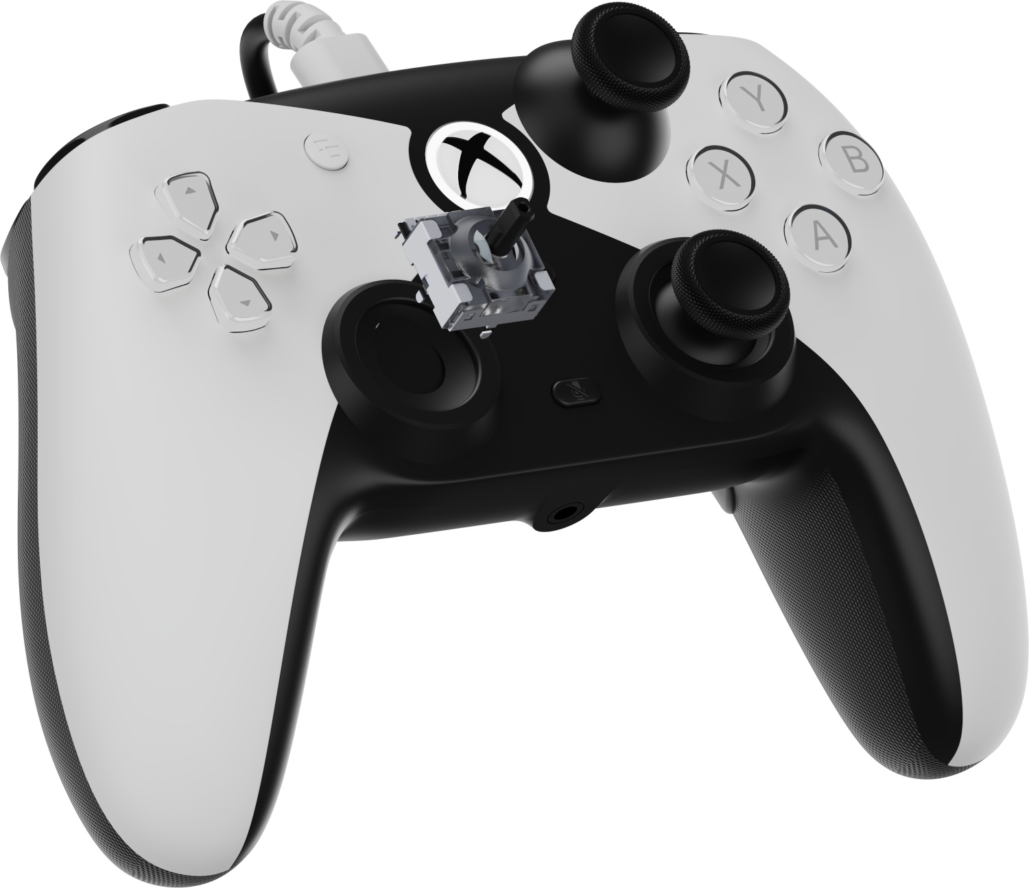 Egy fekete-fehér Xbox-vezérlő. A bal oldali joystick ki van téve. A gombok közé tartozik az X, Y, A, B és egy irányítópult.