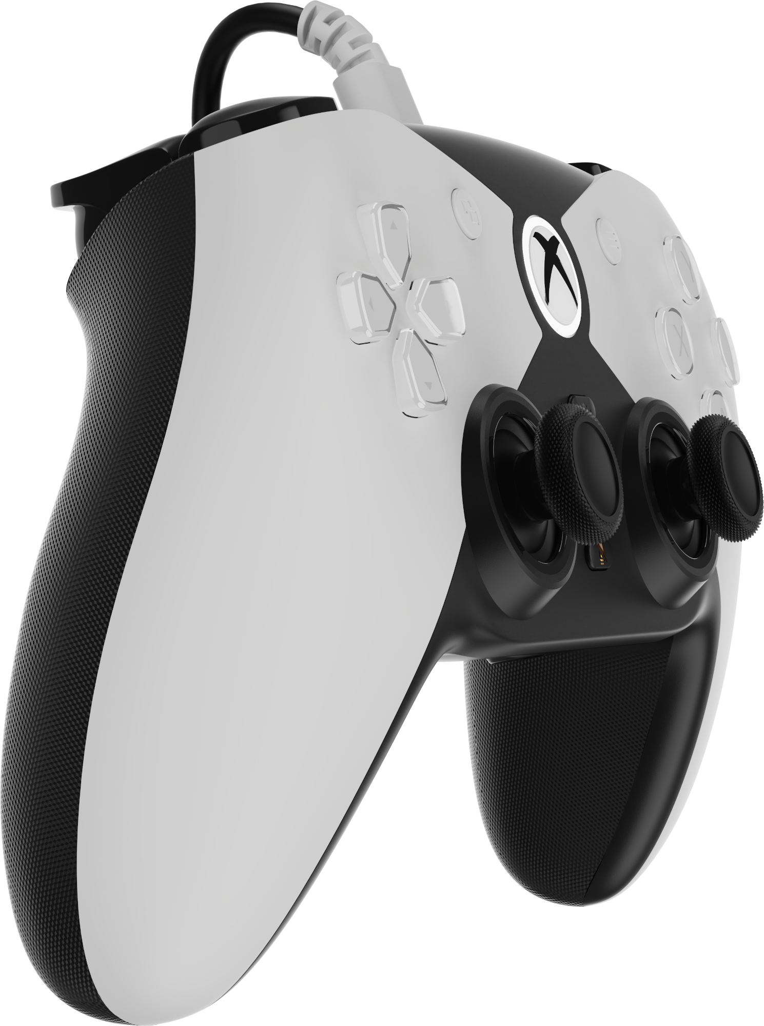 Xbox kontroller fehér-fekete dizájnnal. Gombok, hüvelykujjak és texturált fogantyú. Fekete kábel csatlakozik.